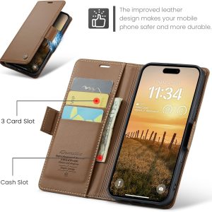 for iPhone 17 Pro Max Wallet Case, RFID Blocking with Kickstand 3 Credit Card Slot and Cash Slot Magnetic Closure Wireless Charging Slim PU Leather Protective Cover - Brown