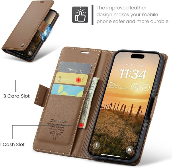 for iPhone 17 Pro Max Wallet Case, RFID Blocking with Kickstand 3 Credit Card Slot and Cash Slot Magnetic Closure Wireless Charging Slim PU Leather Protective Cover - Brown