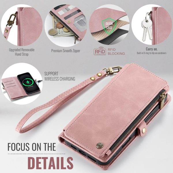 Defencase Compatible with iPhone 17 Case Wallet with RFID Blocking Card Holder for Women and Men, Fashion PU Leather Magnetic Snap Flip Zipper Strap Wallet Phone Case for iPhone 17 6.3", Rose Pink