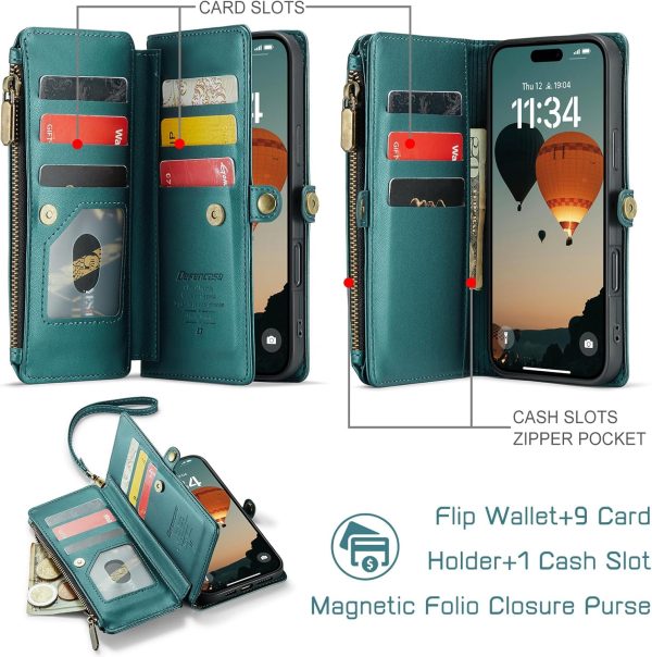 Defencase Compatible with iPhone 17 Pro Case Wallet with RFID Blocking Card Holder for Women and Men, PU Leather Magnetic Snap Flip Zipper Strap Wallet Phone Case for iPhone 17 Pro 6.3", Blue Green