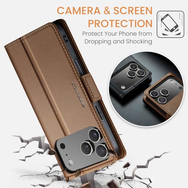 for iPhone 17 Pro Max Wallet Case, RFID Blocking with Kickstand 3 Credit Card Slot and Cash Slot Magnetic Closure Wireless Charging Slim PU Leather Protective Cover - Brown