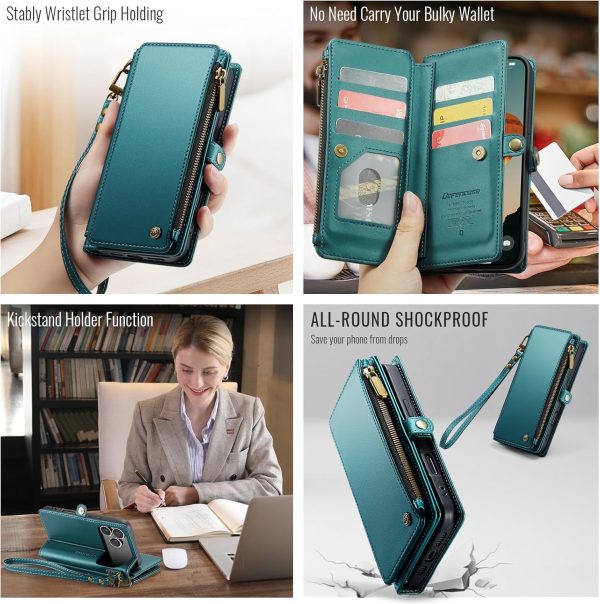 Defencase Compatible with iPhone 17 Pro Case Wallet with RFID Blocking Card Holder for Women and Men, PU Leather Magnetic Snap Flip Zipper Strap Wallet Phone Case for iPhone 17 Pro 6.3", Blue Green