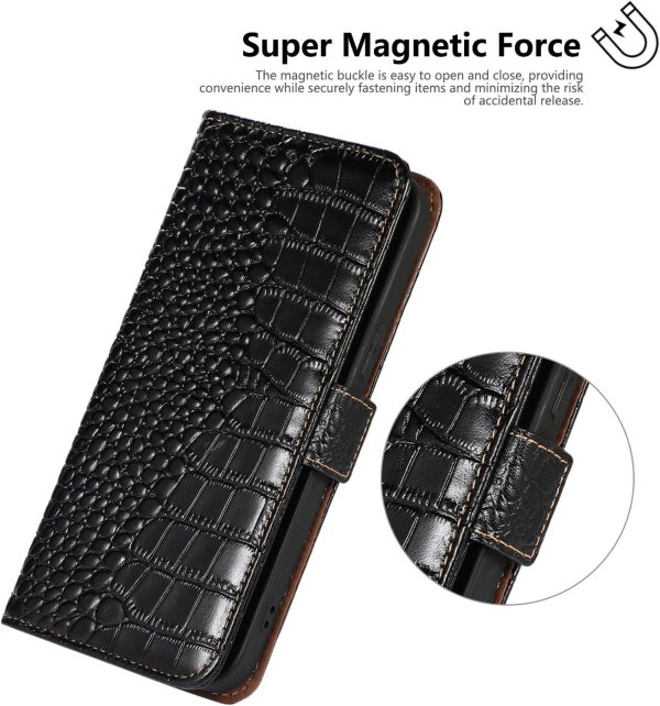 Genuine Leather Case for iPhone 17 Pro with 3 Credit Card Slot RFID Blocking,Crocodile Pattern and Magnetic Closure with Full Body Screen Camera Protective Flip Cover - Brown
