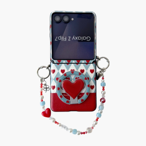 Samsung Galaxy Z Flip 7 slim phone case, featuring a detachable magnetic heart-shaped stand and a beaded hand strap.