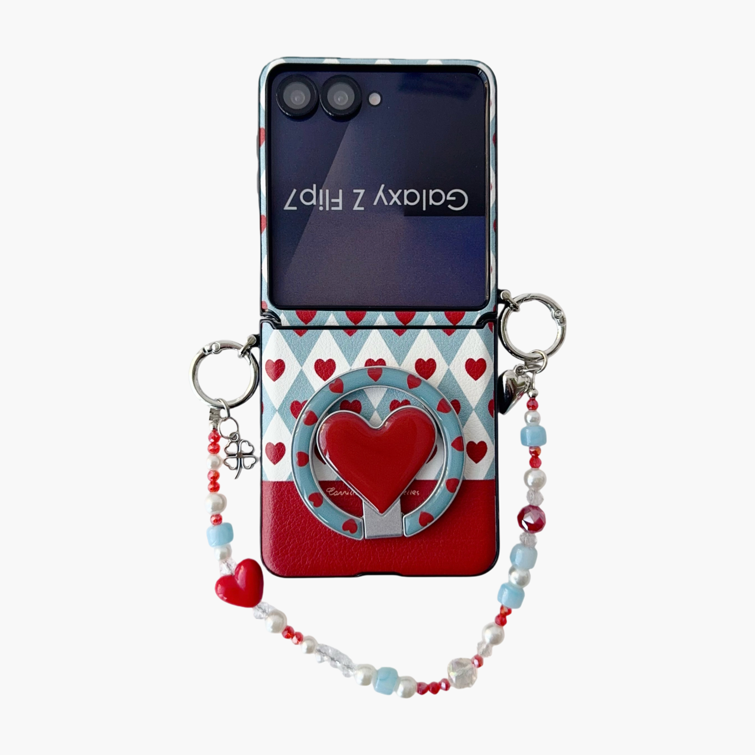 Samsung Galaxy Z Flip 7 slim phone case, featuring a detachable magnetic heart-shaped stand and a beaded hand strap.