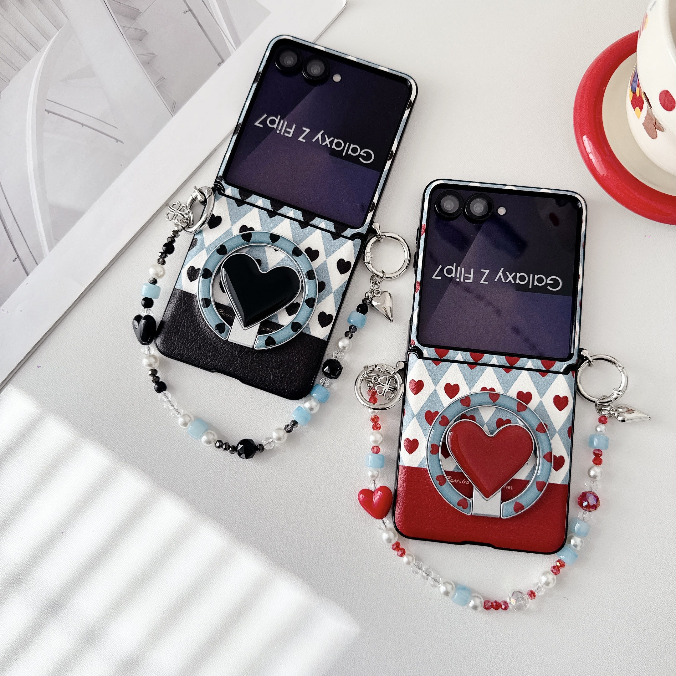 Samsung Galaxy Z Flip 7 slim phone case, featuring a detachable magnetic heart-shaped stand and a beaded hand strap. - Image 3