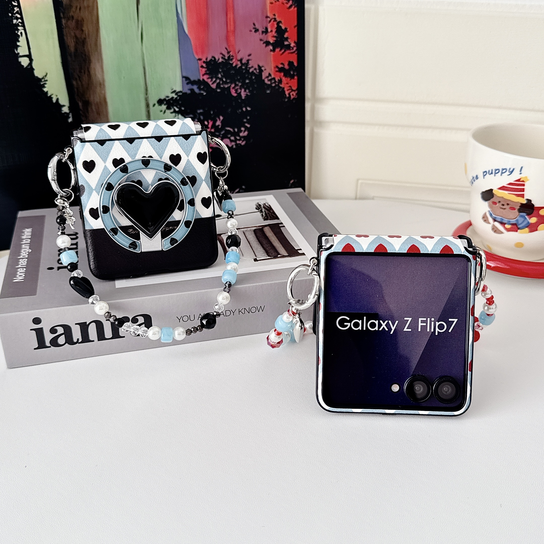 Samsung Galaxy Z Flip 7 slim phone case, featuring a detachable magnetic heart-shaped stand and a beaded hand strap. - Image 5