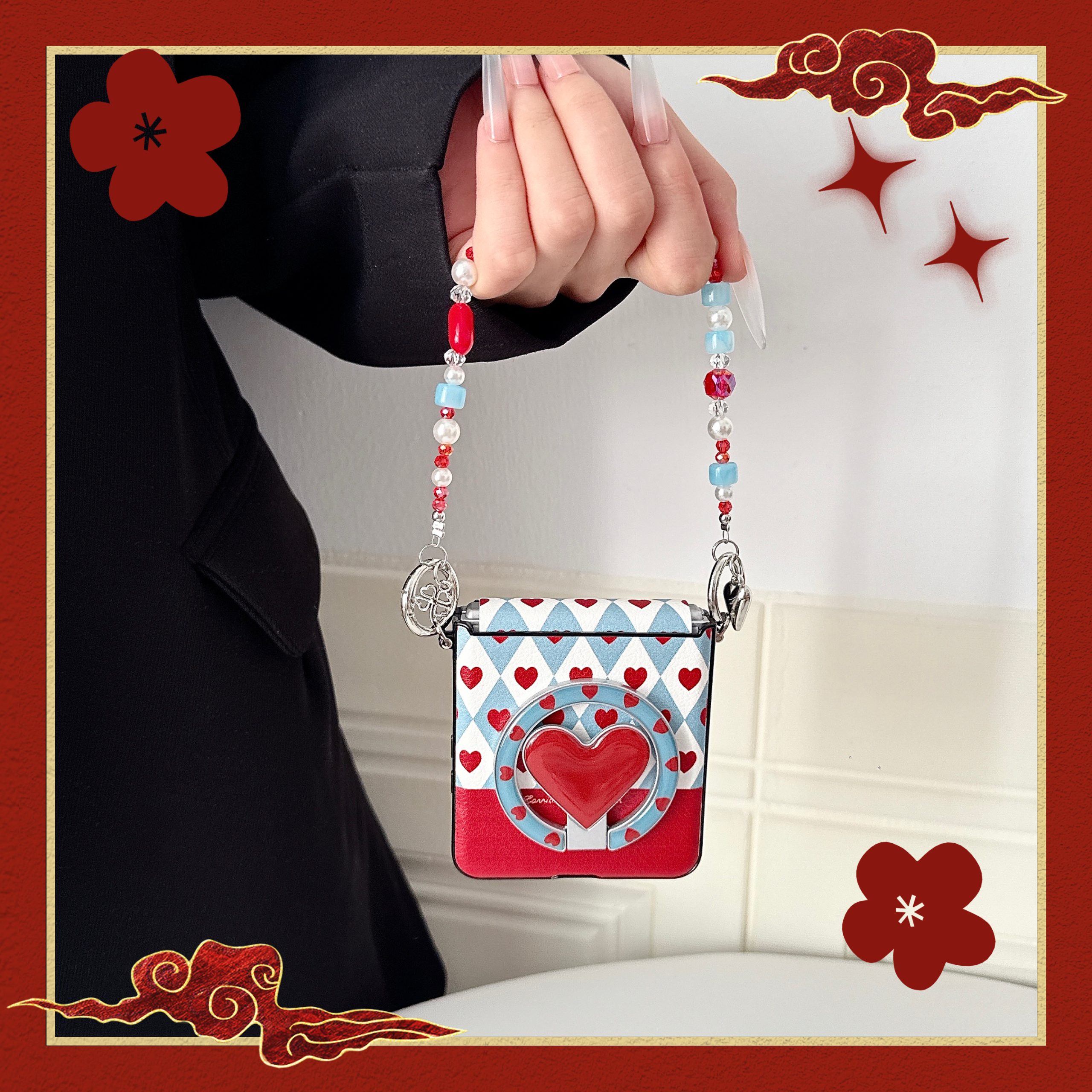 Samsung Galaxy Z Flip 7 slim phone case, featuring a detachable magnetic heart-shaped stand and a beaded hand strap. - Image 12